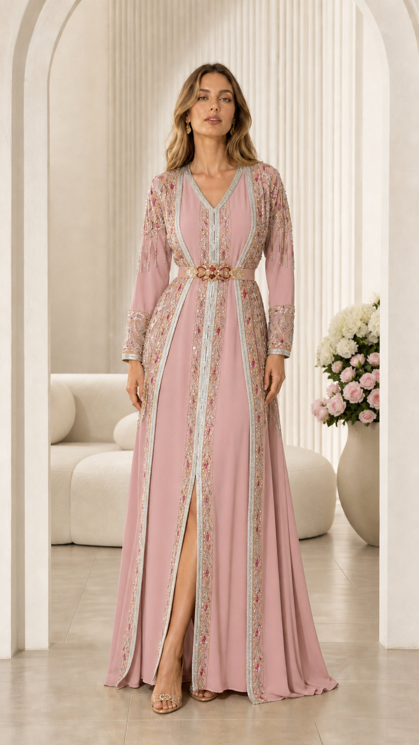 Dusty Pink long sleeve embroidered caftan evening gown with jeweled belt