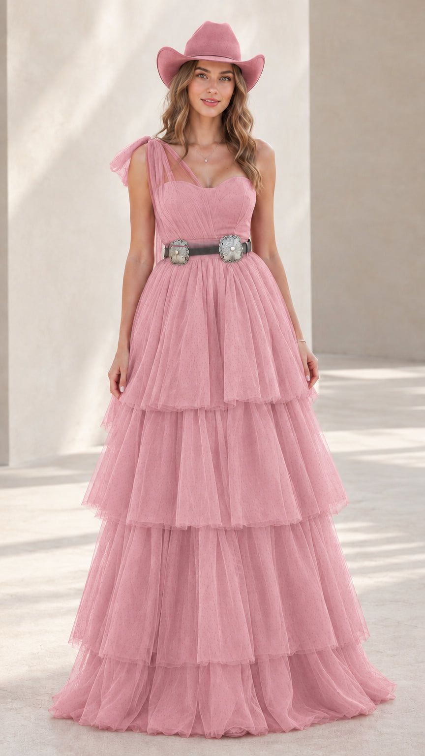 Model wearing dusty pink one-shoulder tiered tulle evening gown