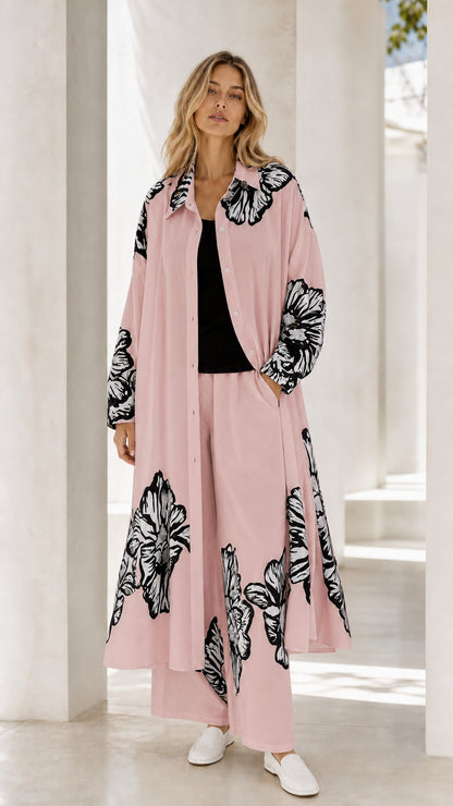 Full front view of dusty pink floral longline duster and wide-leg pant set