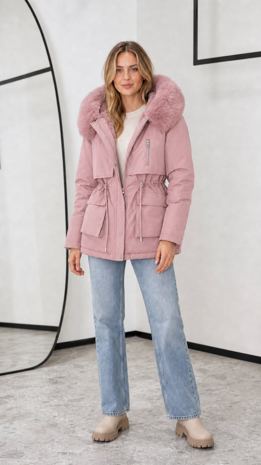 Women's blush pink hooded fleece-lined parka jacket with faux fur trim