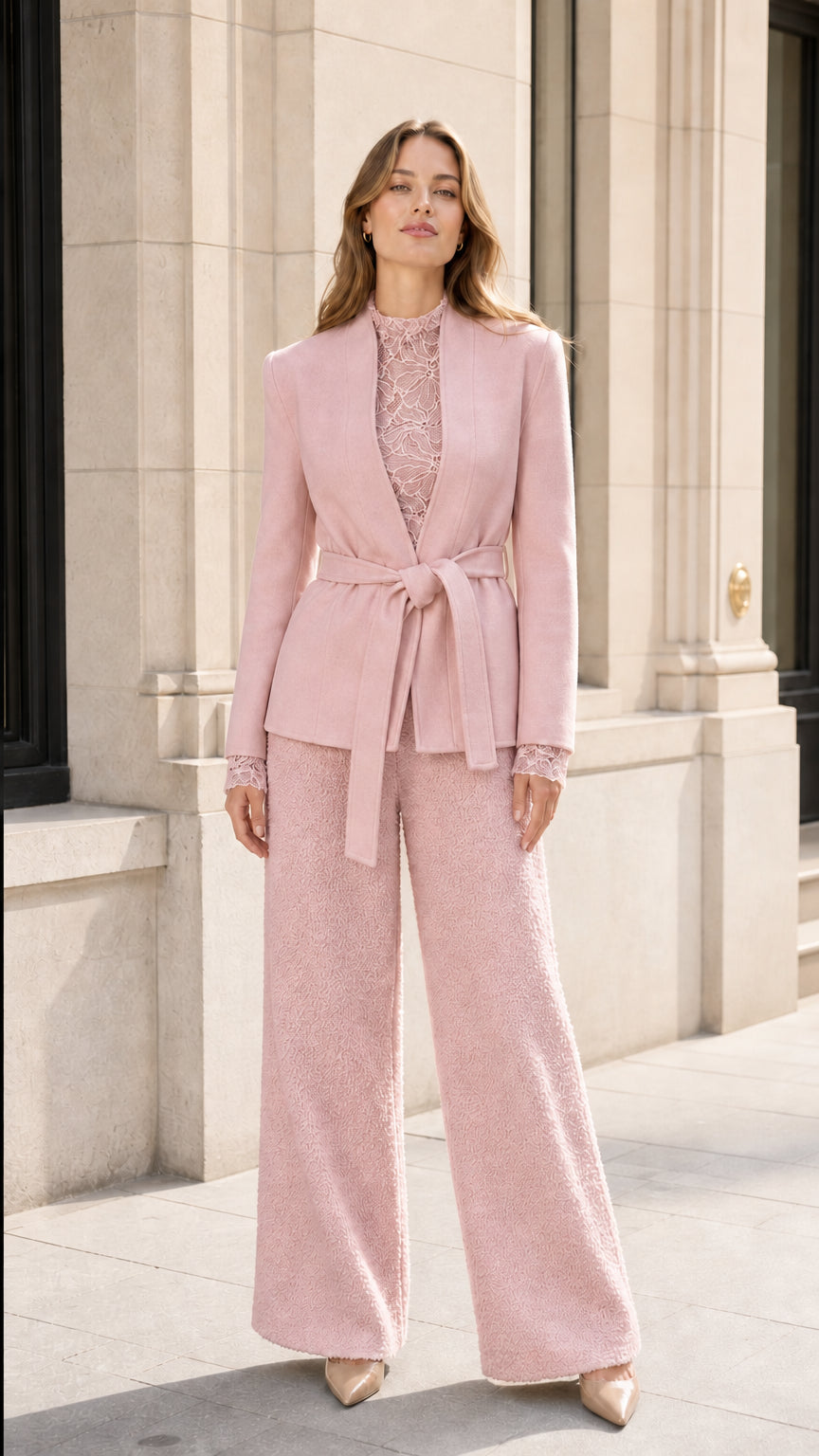 Front view of model wearing the tailored two-piece suit set in Dusty Pink