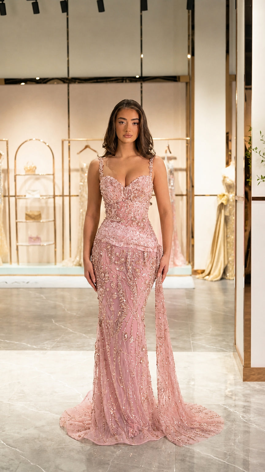 Blush pink beaded sweetheart mermaid evening gown with cascading train