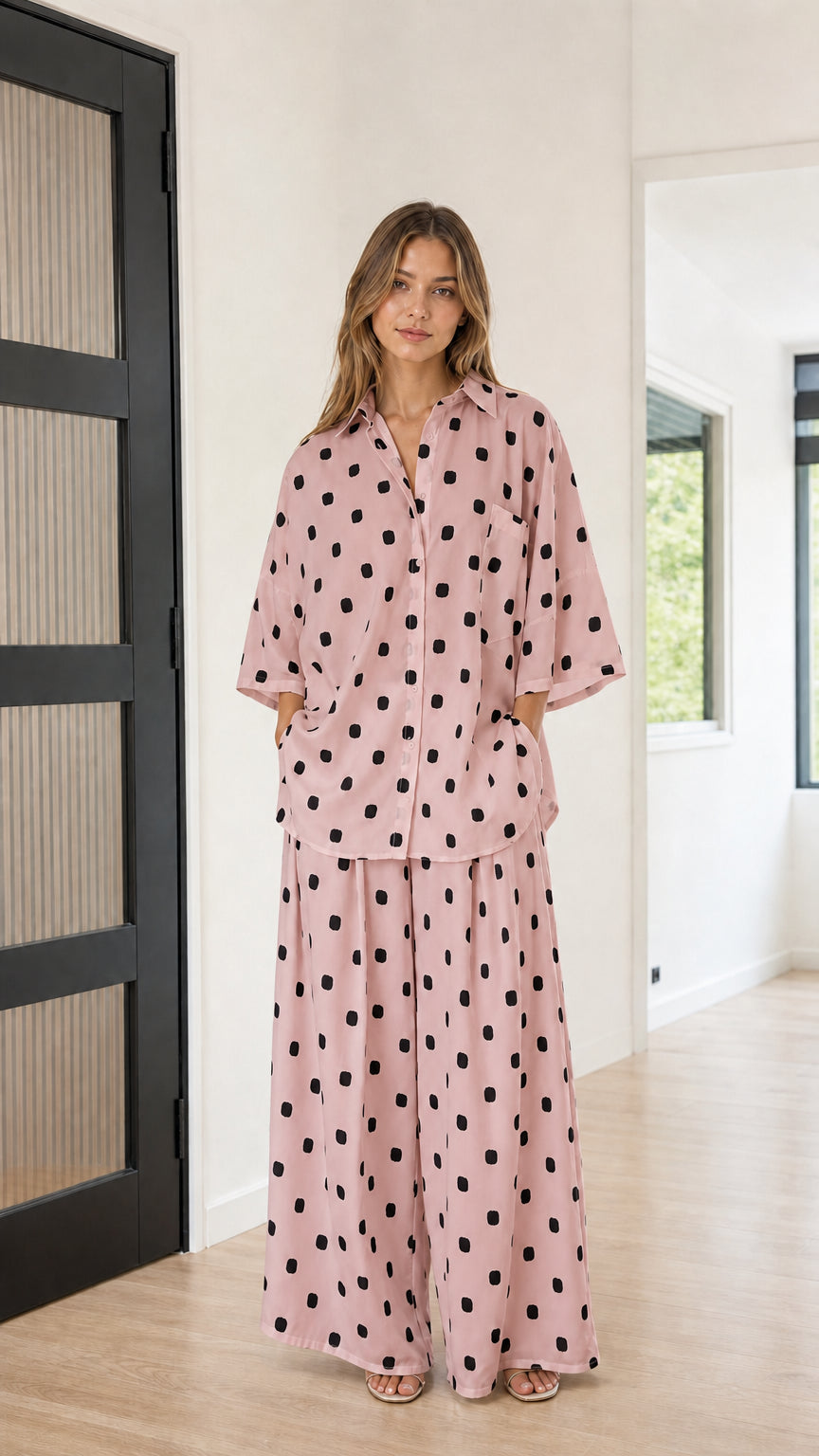 Front view of model wearing dusty pink and black polka dot two-piece matching set