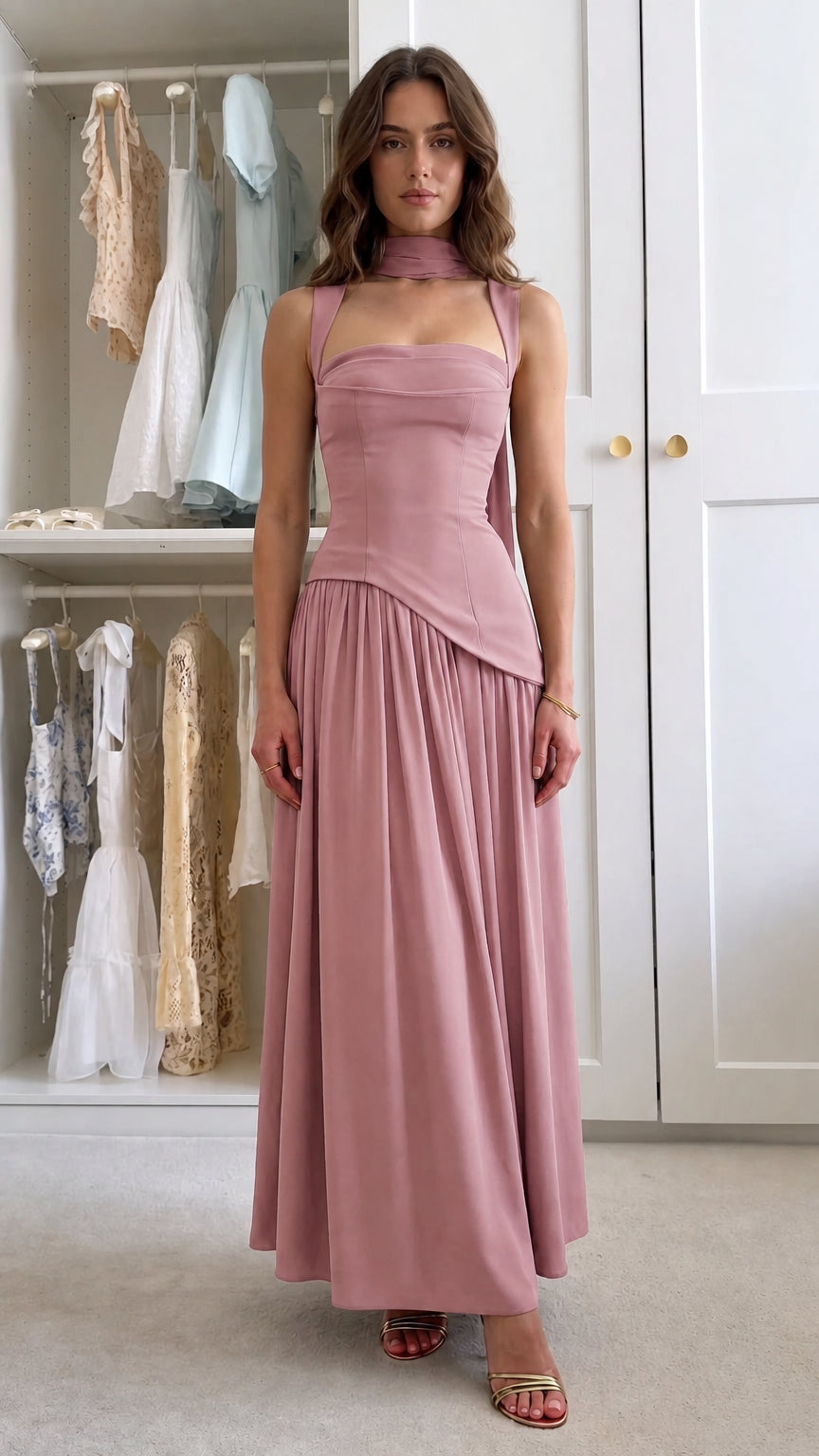 Front view of dusty rose pink corset drop waist formal maxi dress