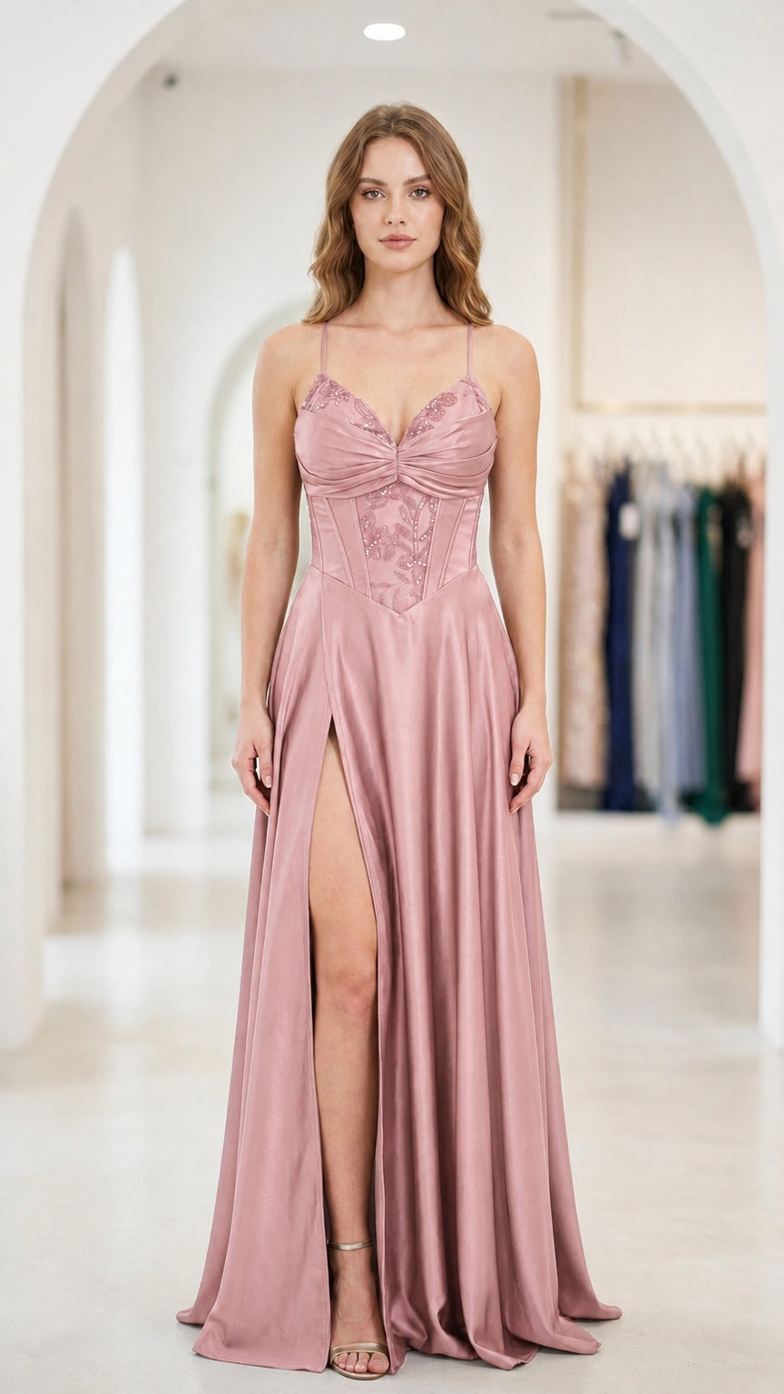Front full-length view of dusty rose pink satin corset evening gown