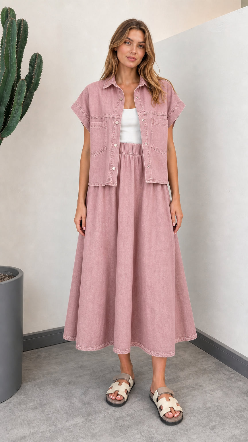 Dusty Pink collared denim shirt and flowing A-line midi skirt set