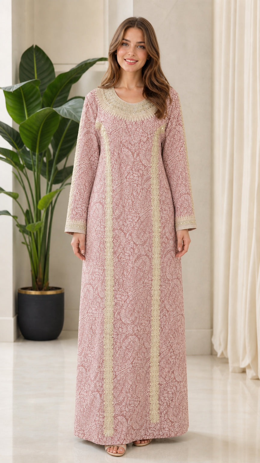 Model wearing dusty pink embroidered long sleeve kaftan maxi dress