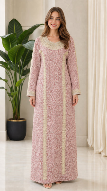 Model wearing dusty pink embroidered long sleeve kaftan maxi dress