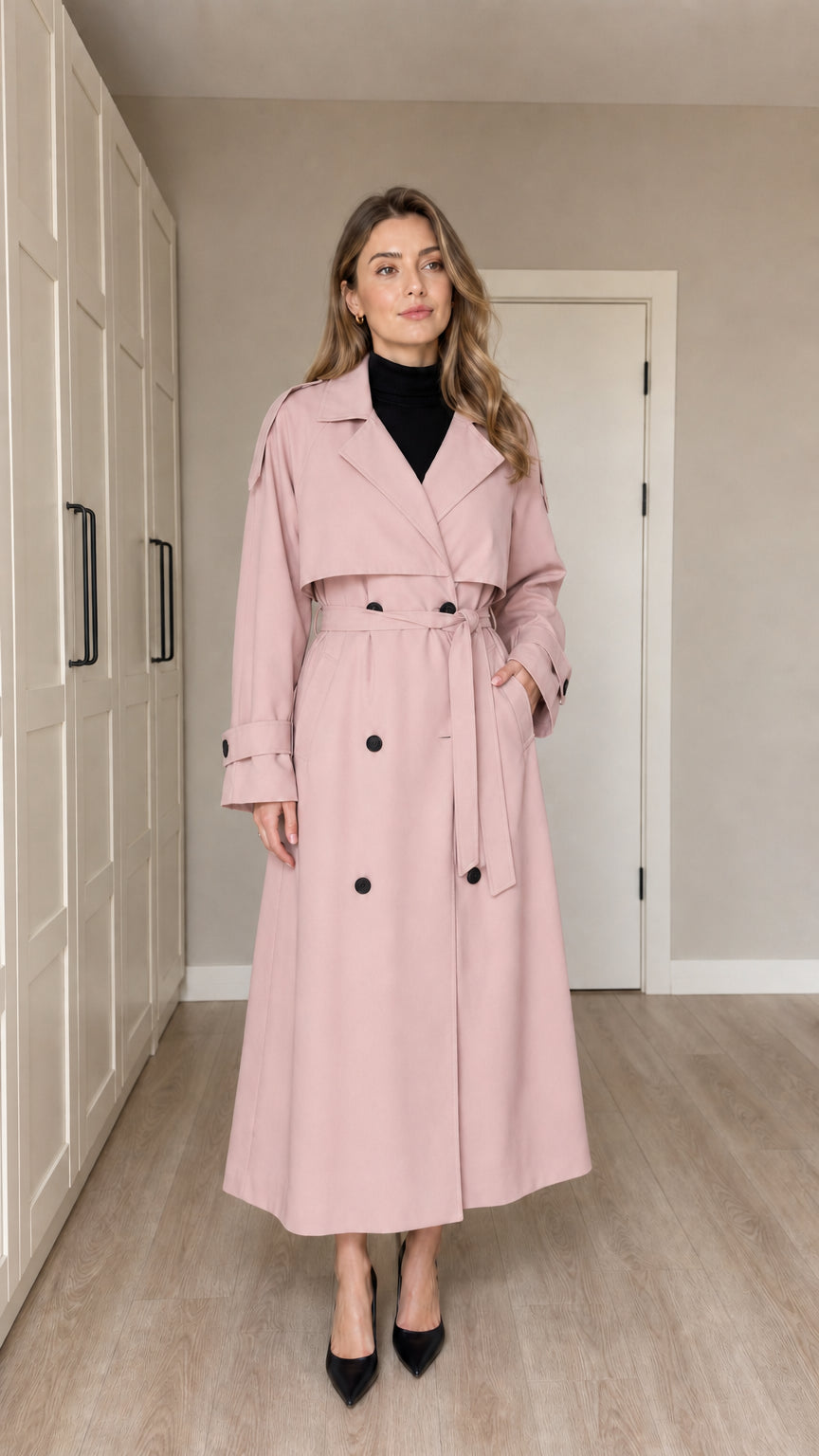 Front full-length view of woman wearing Dusty Pink double-breasted maxi trench coat with belt