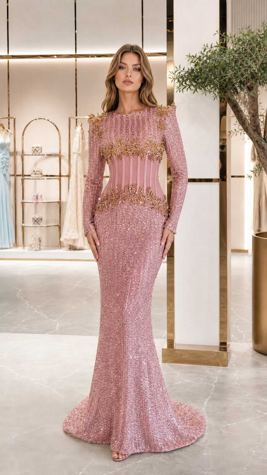 Dusty pink long sleeve sequin formal dress with illusion waist front view