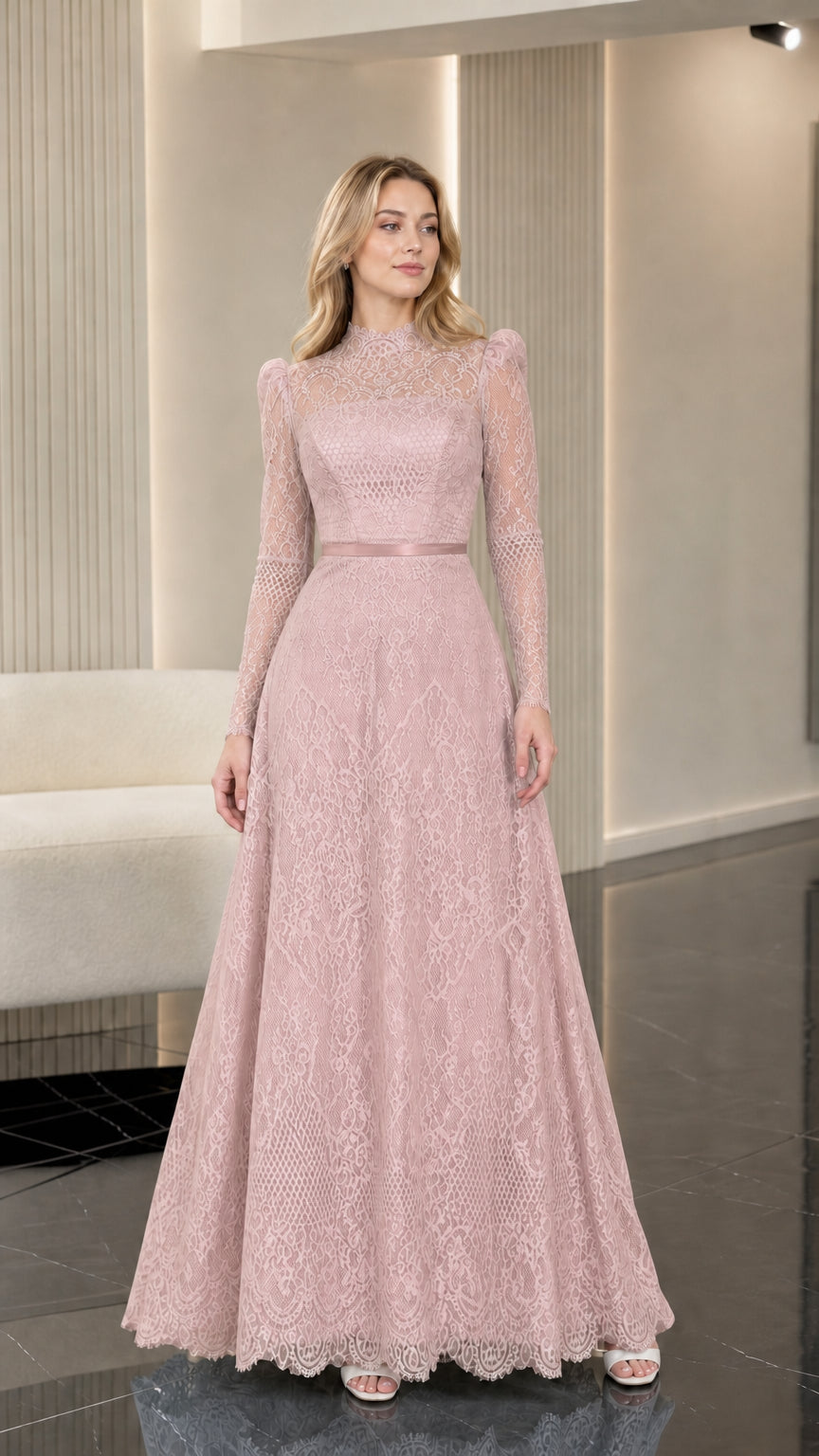 Full front view of dusty rose pink lace long sleeve maxi dress