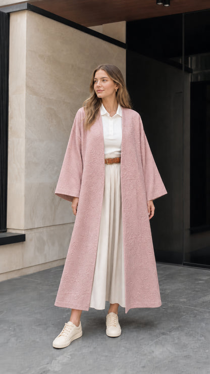Front view of woman wearing dusty pink embossed jacquard longline kimono duster coat