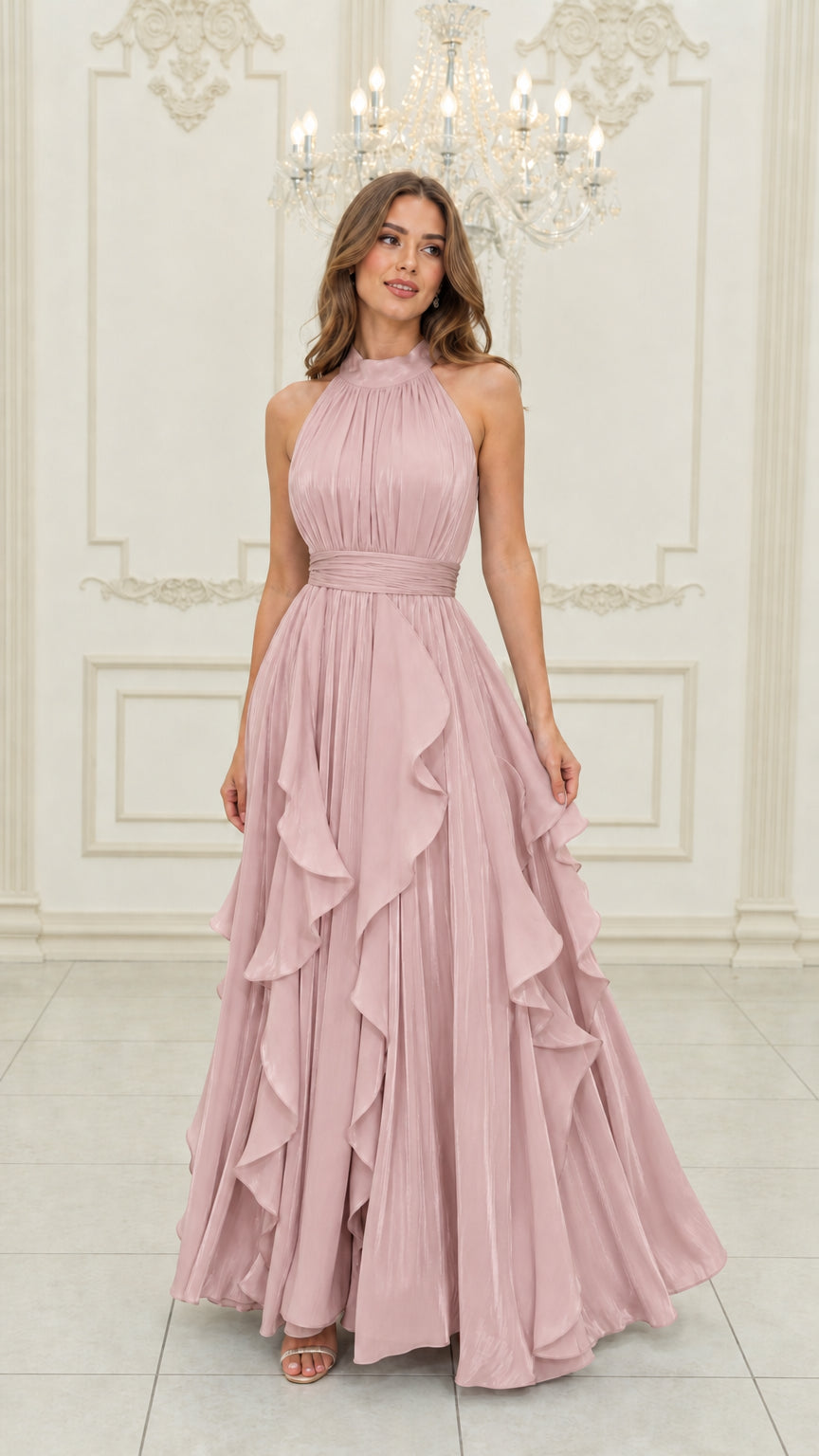 Dusty pink pleated halter neck evening dress with tiered ruffles