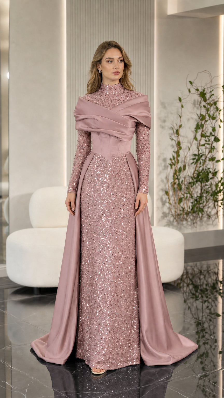 Dusty rose sequin formal dress with draped satin bodice and long sleeves