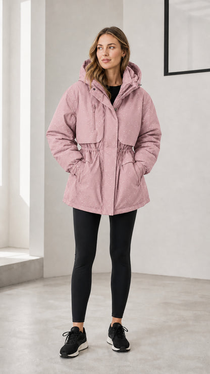 Model wearing dusty pink hooded drawstring waist winter parka
