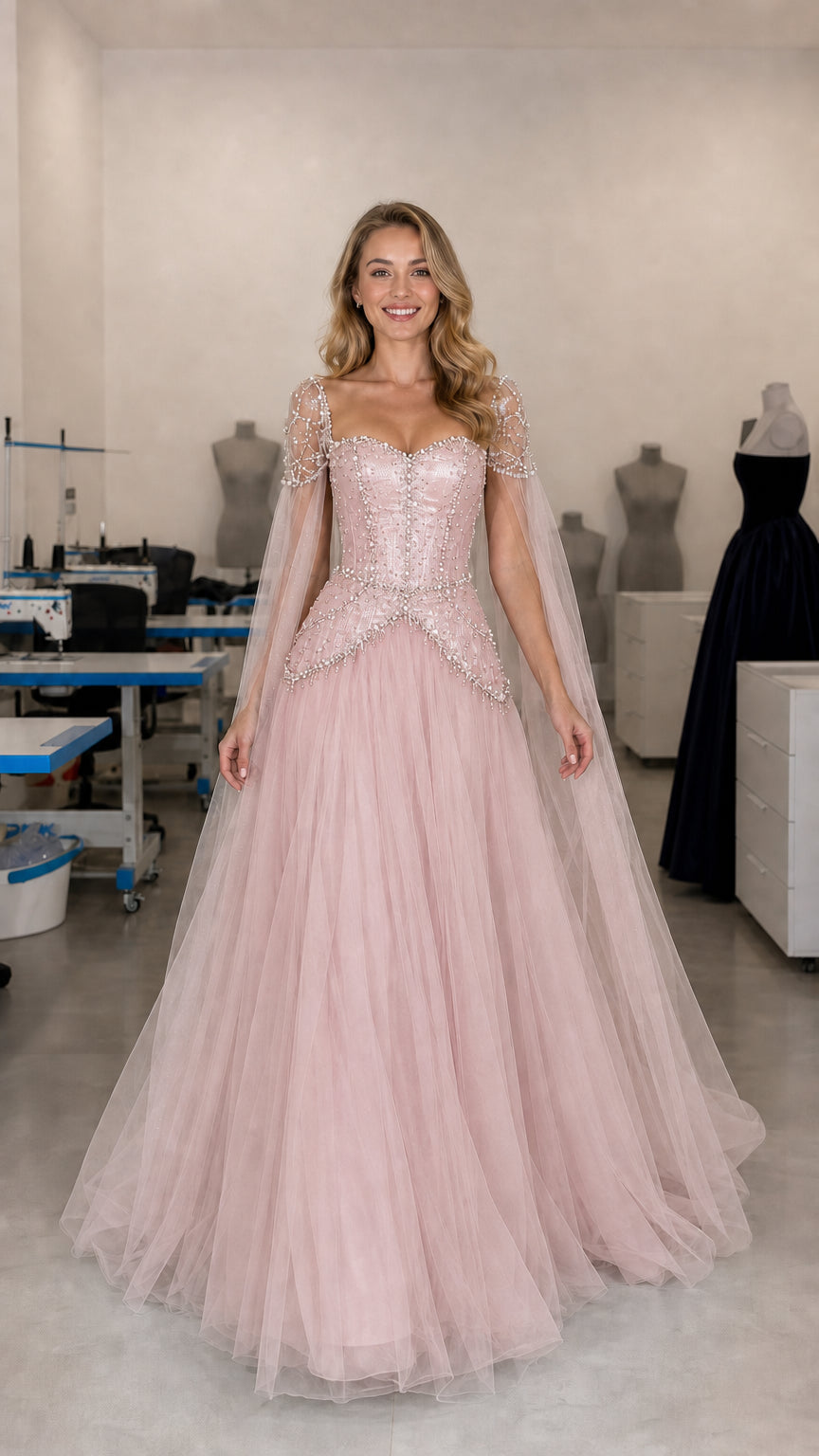 Front view of blush pink beaded corset formal ball gown with cape sleeves