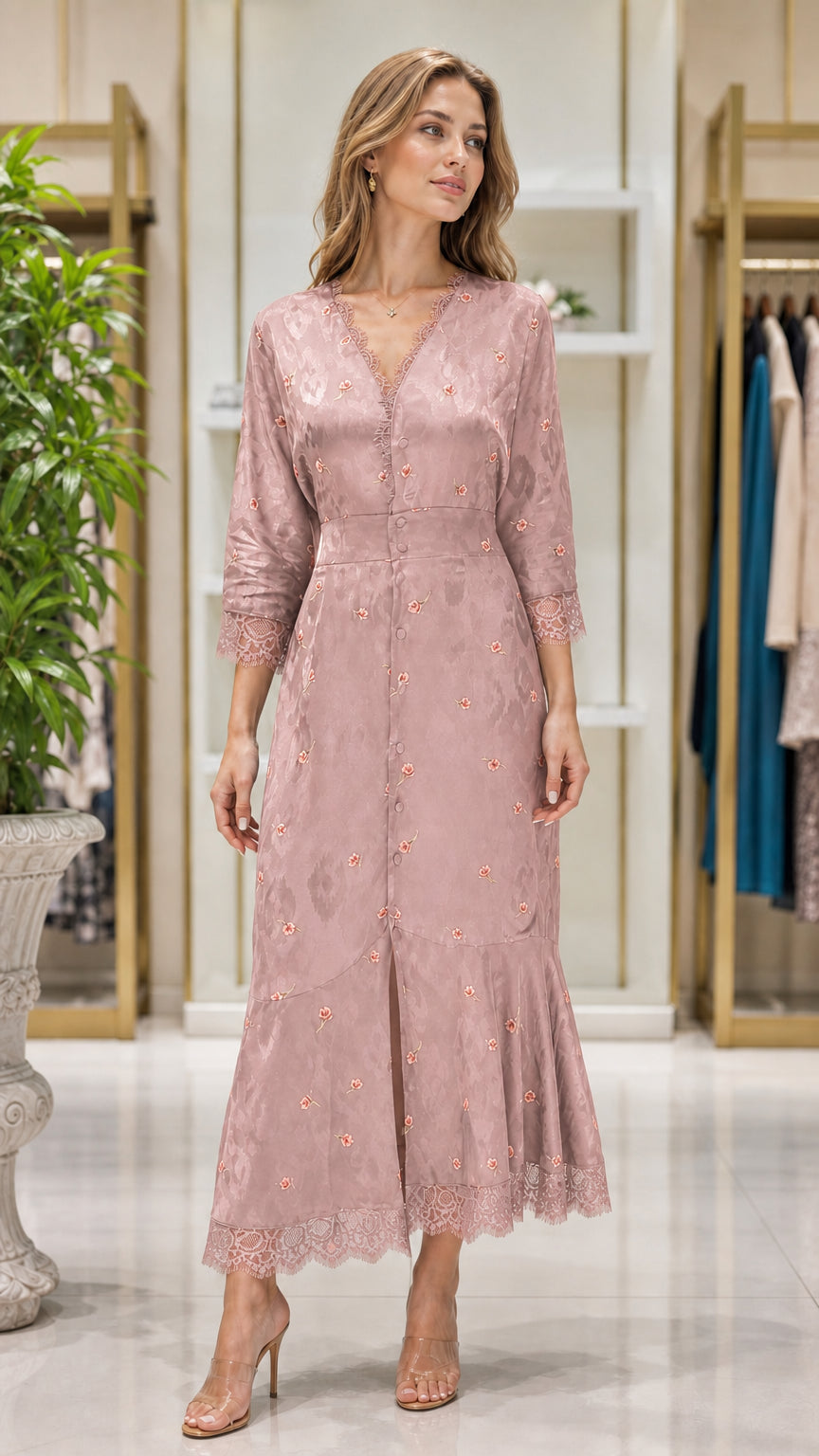 Dusty pink floral jacquard lace-trimmed midi dress on model