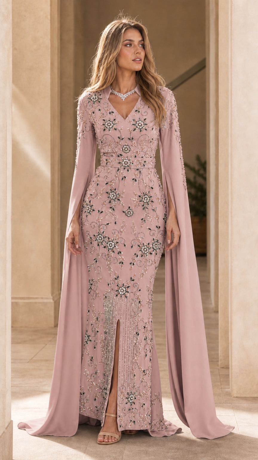Blush pink crystal beaded evening gown with cape sleeves and front slit