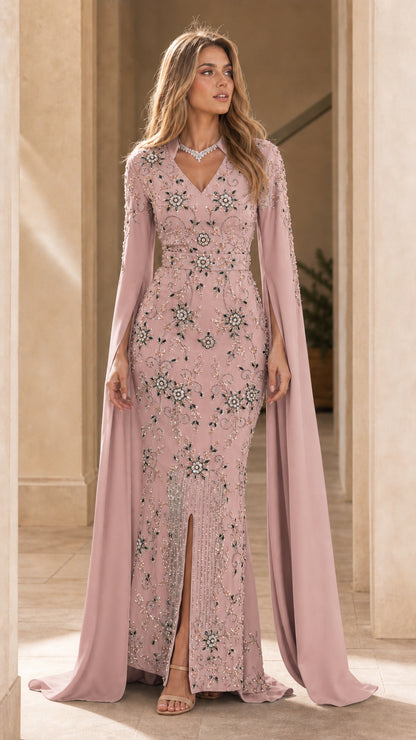 Blush pink crystal beaded evening gown with cape sleeves and front slit