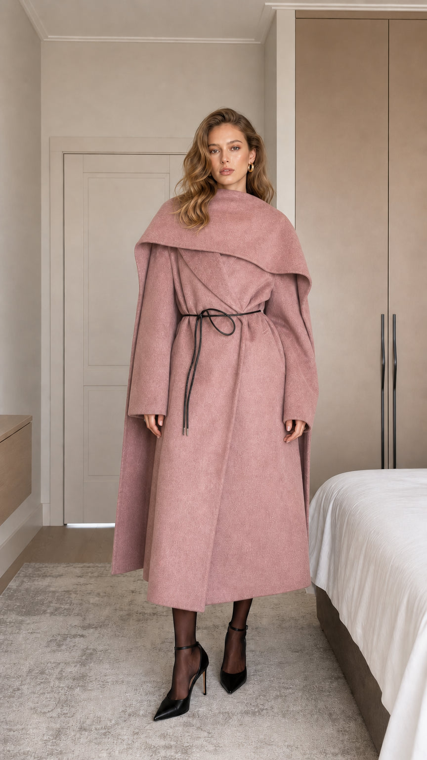 Model wearing dusty rose pink draped cape collar maxi coat