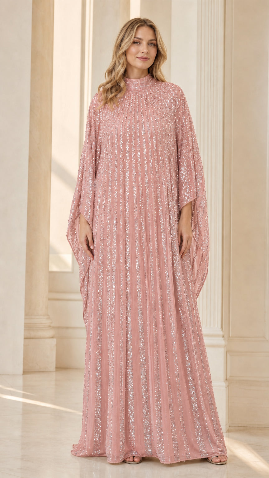 Blush pink sequin pleated cape kaftan evening dress