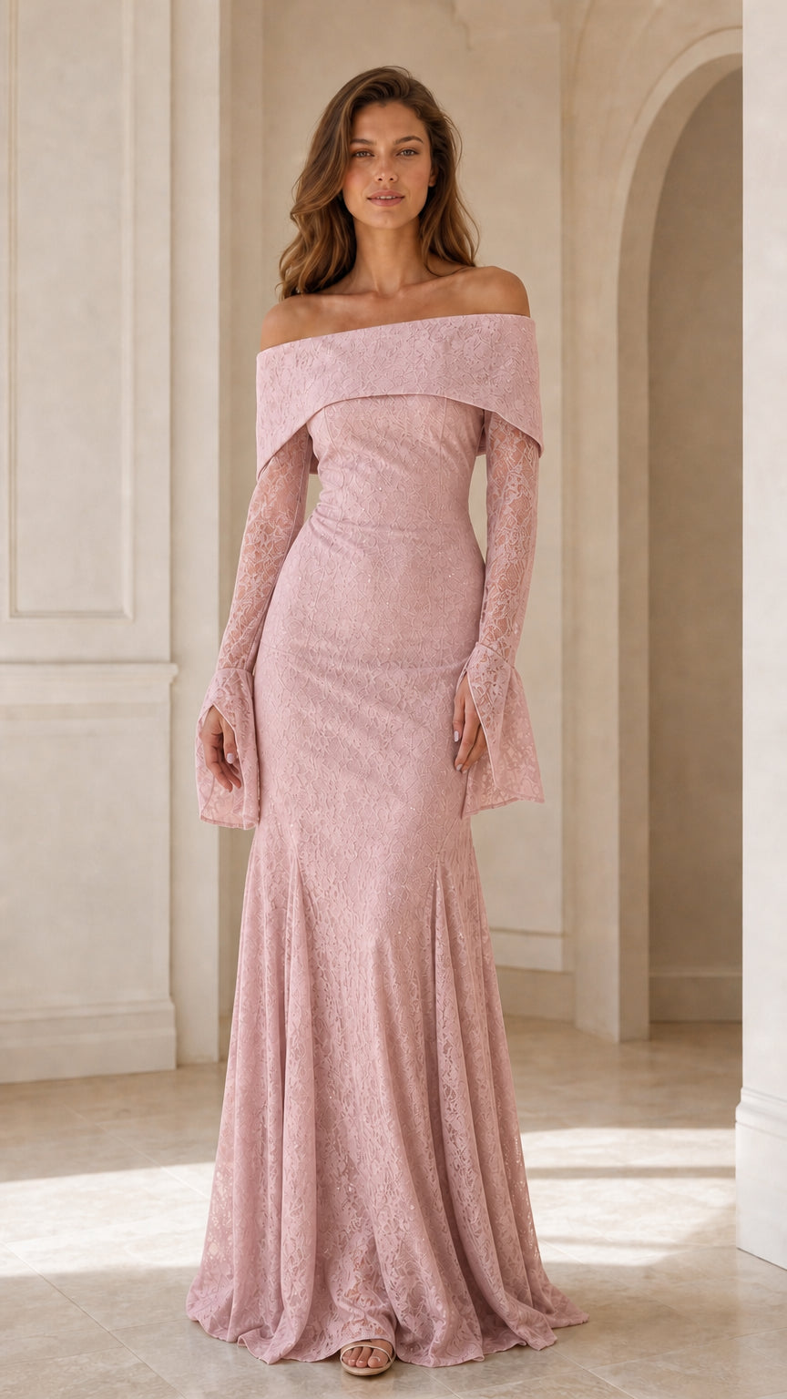 Front view of model wearing Dusty Pink off-the-shoulder lace maxi dress