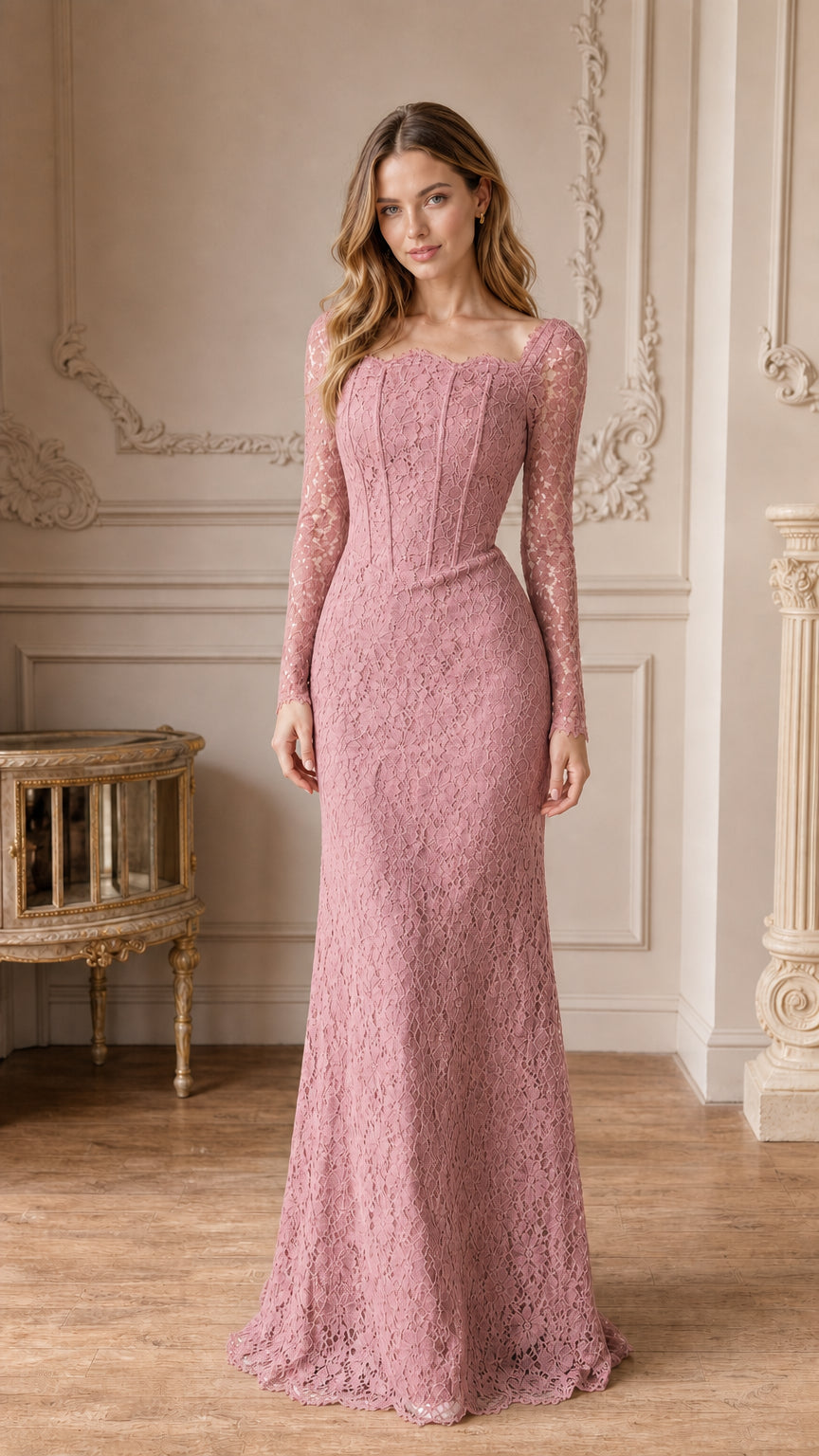 Front view of dusty rose pink long sleeve lace corset formal dress