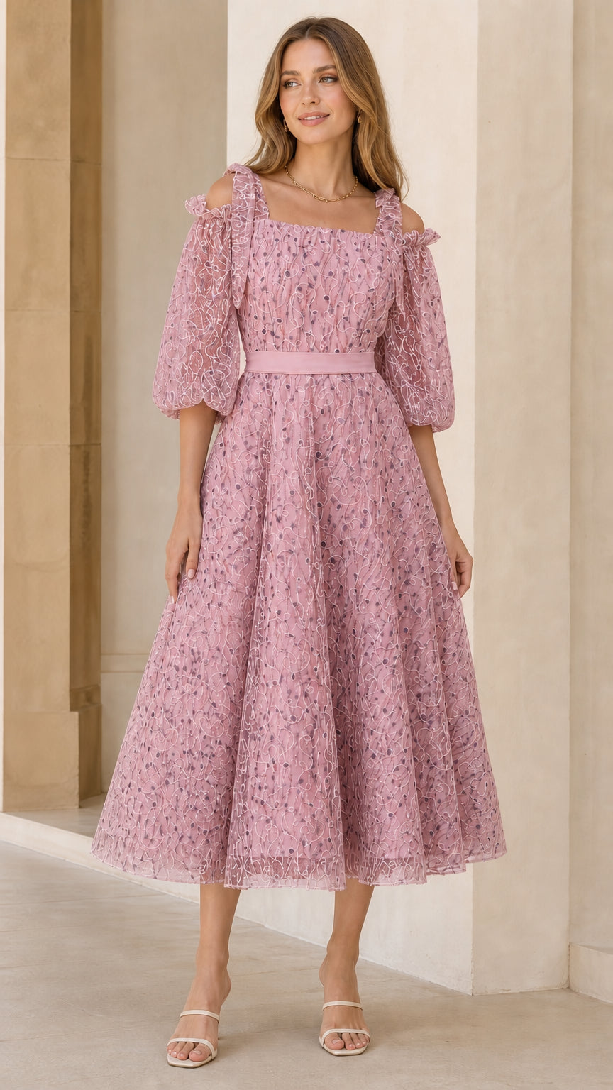 Dusty pink cold-shoulder lace A-line party dress