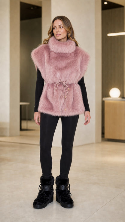 Front view of model wearing blush pink high-neck plush faux fur vest with drawstring waist