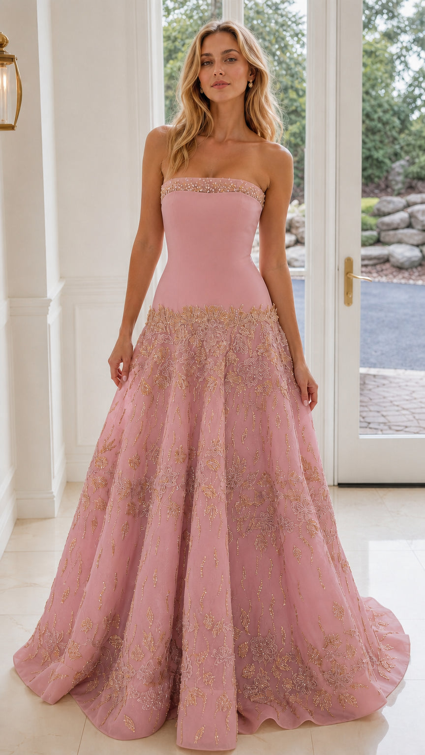 Blush Pink strapless evening gown with floral sequin and bead details