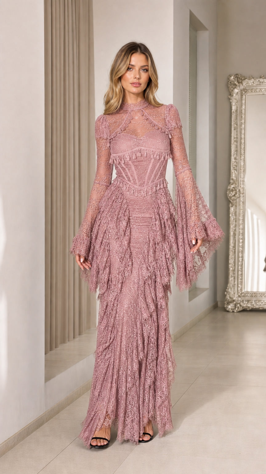 Full-length view of dusty rose lace corset maxi dress with bell sleeves