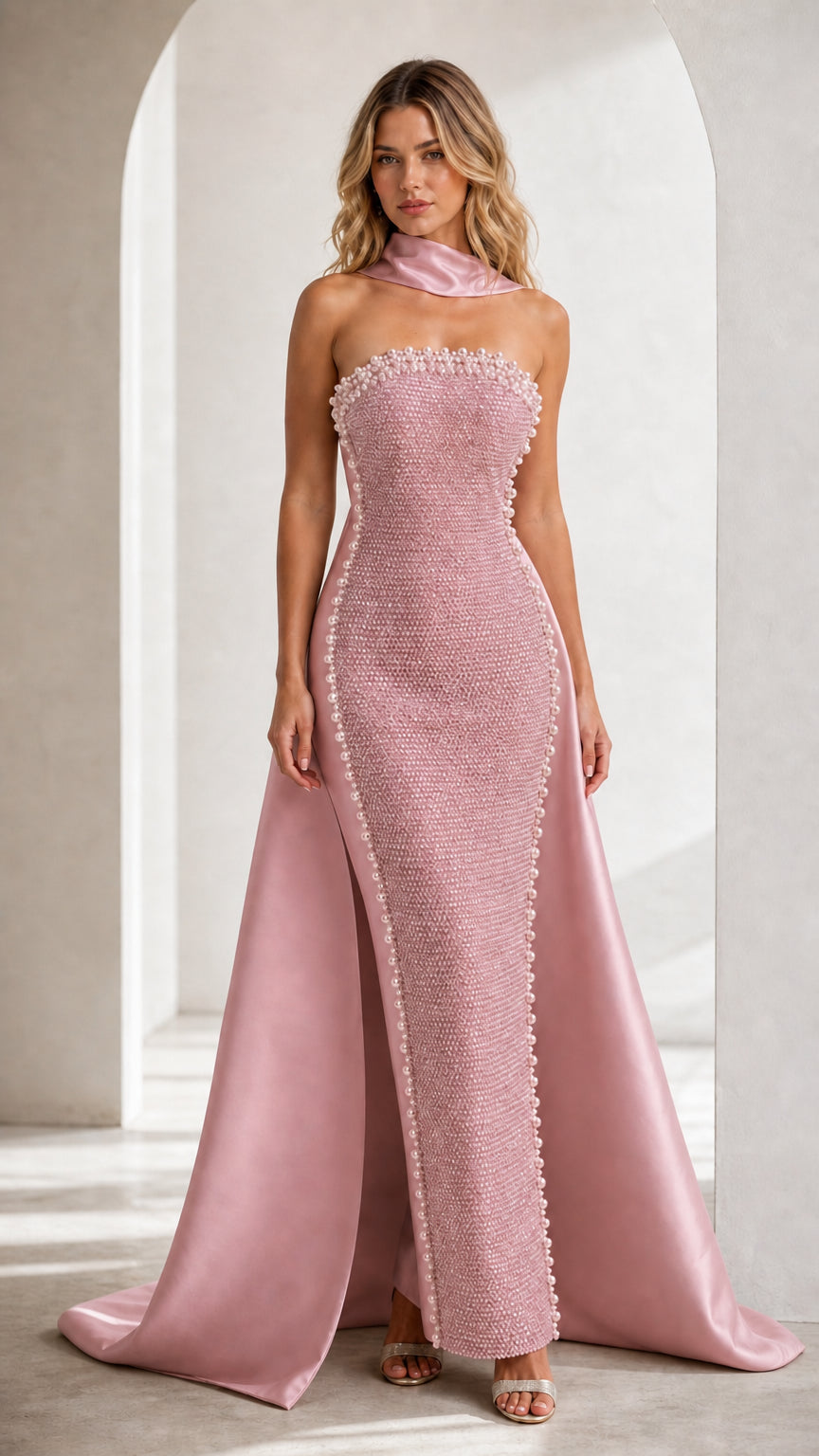 Dusty Pink pearl-embellished column formal gown with satin train