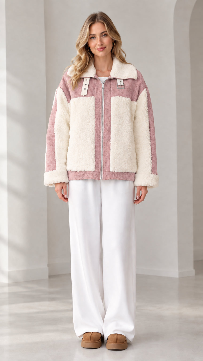 Front view of woman wearing dusty pink and cream colorblock sherpa fleece zip jacket