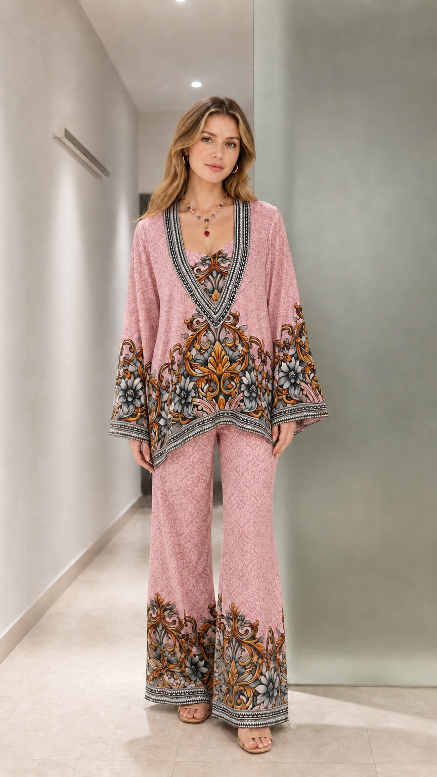 Front full-length view of pink floral baroque print tunic and wide leg pants set