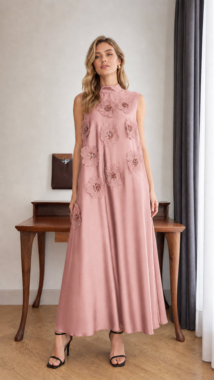 Model wearing Dusty Pink sleeveless 3D floral applique high neck maxi dress