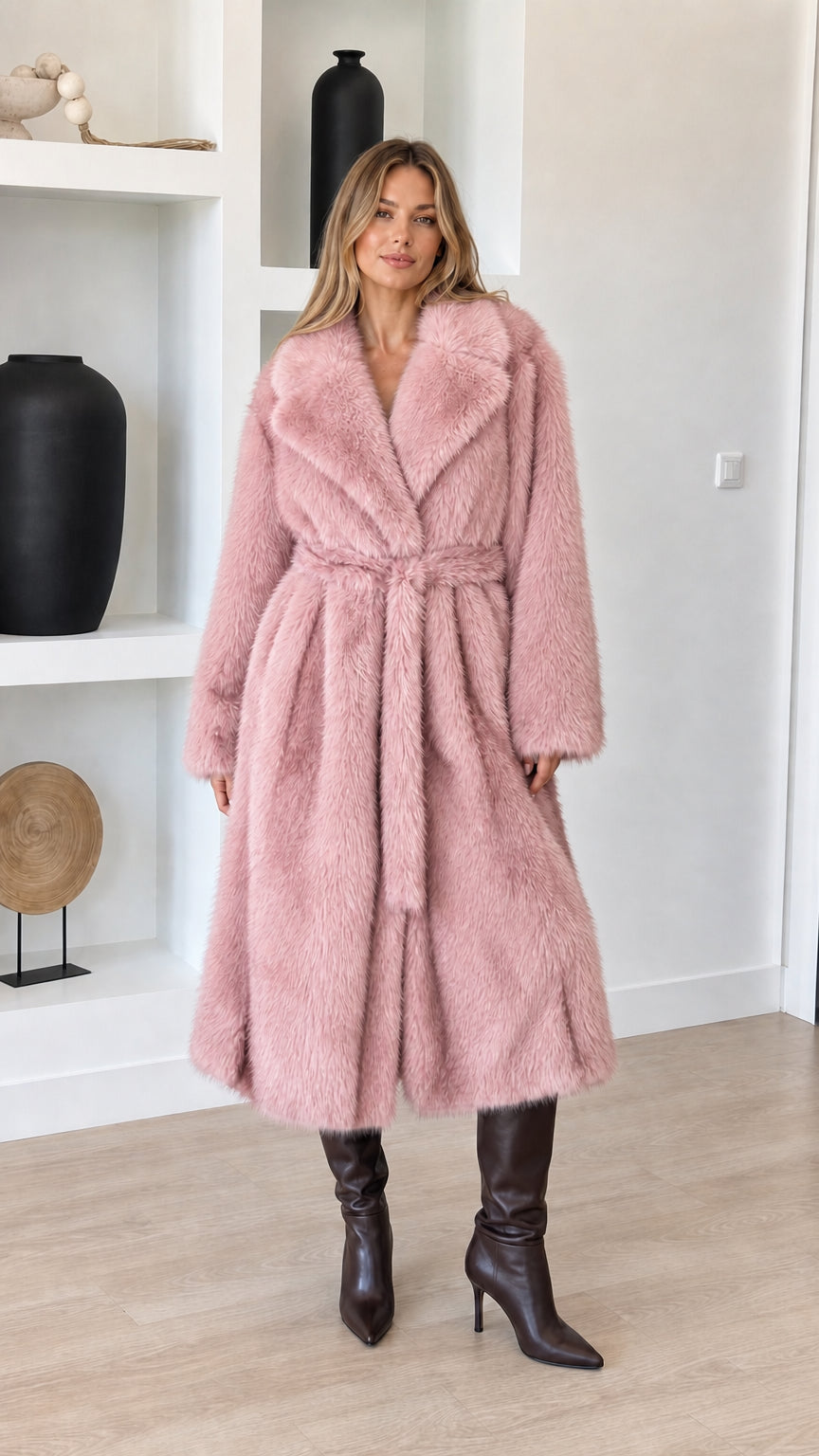 Full-length view of model wearing dusty pink faux fur long wrap coat