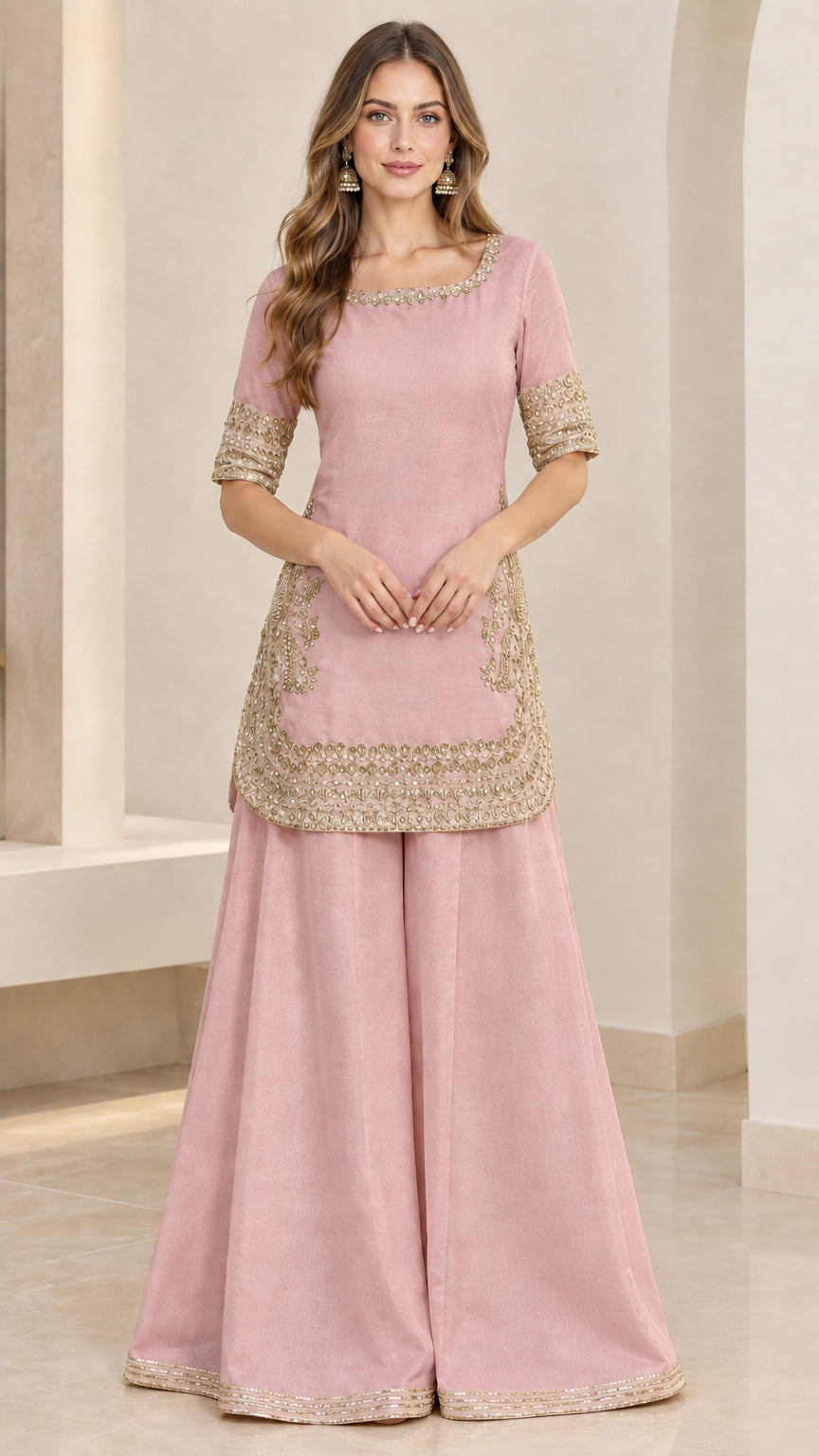 Front view of dusty pink embroidered kurti and sharara set