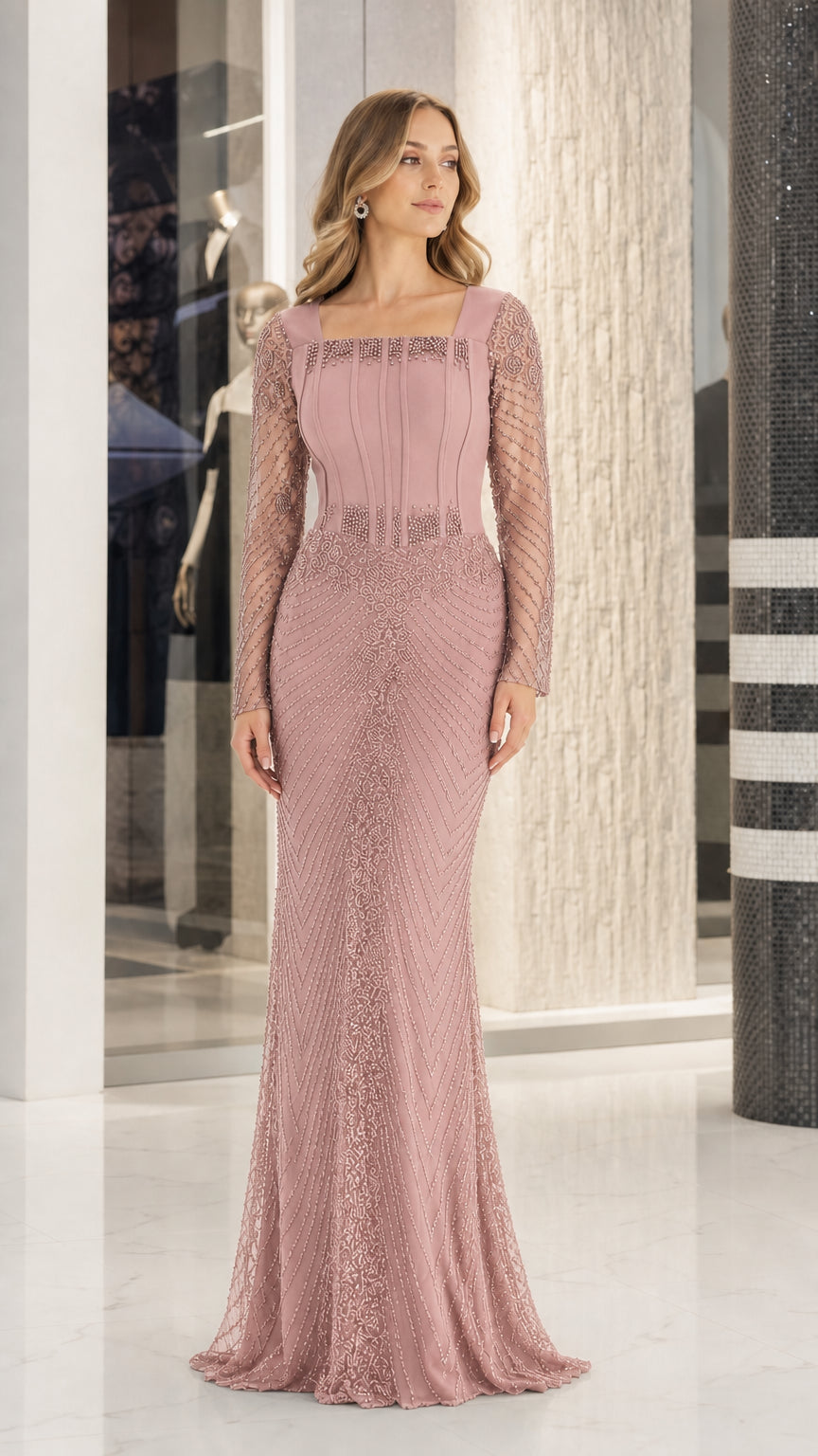 Front view of dusty rose long sleeve beaded mermaid formal gown