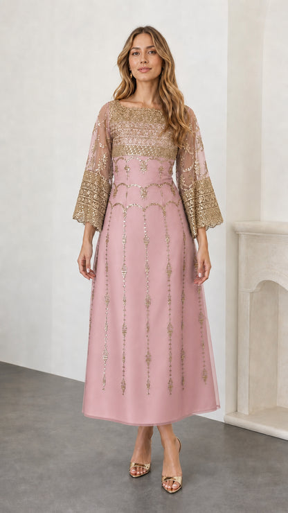 Front view of blush pink A-line evening dress with gold embroidery