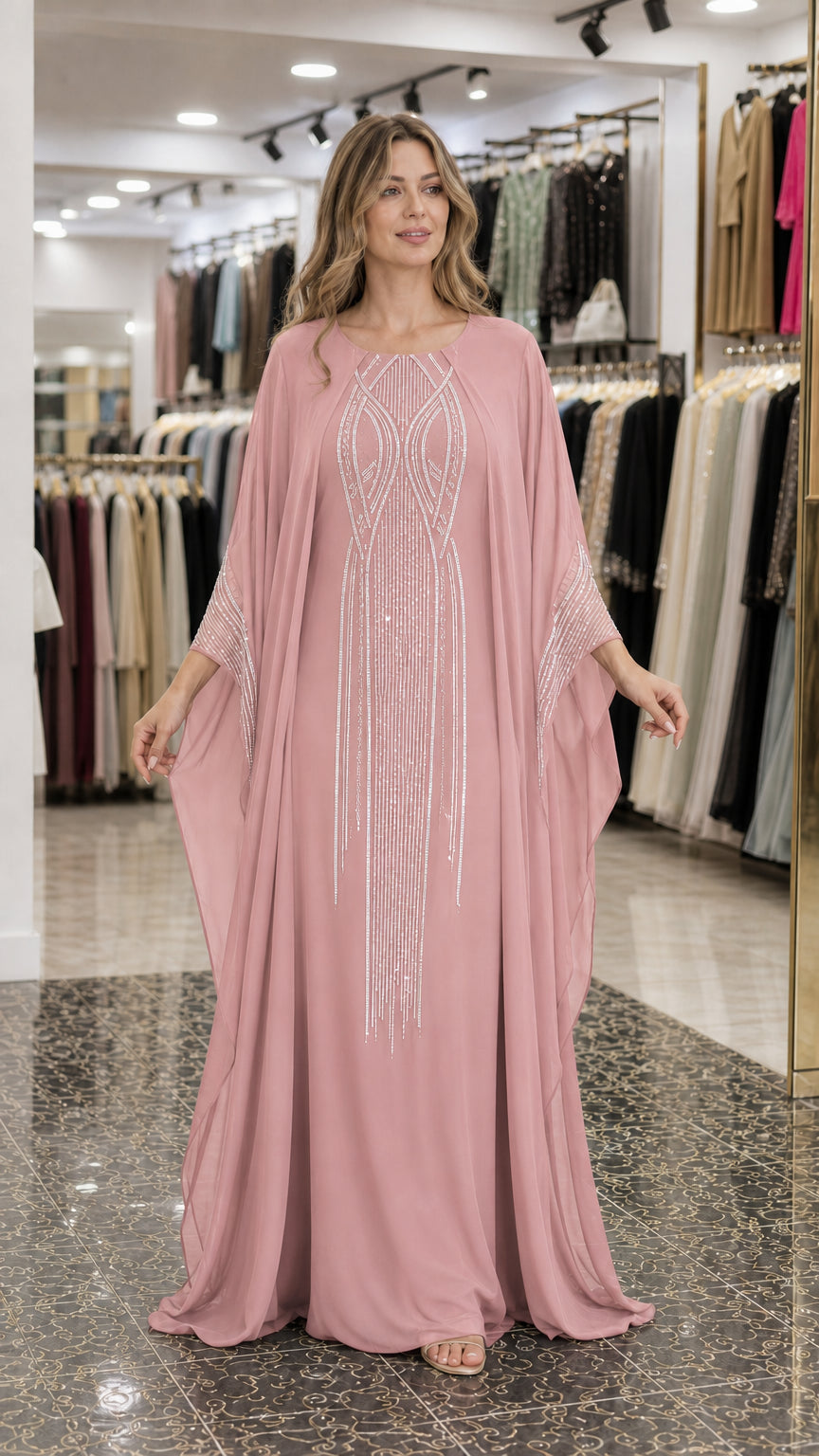 Dusty pink modest cape kaftan evening gown with rhinestone detailing
