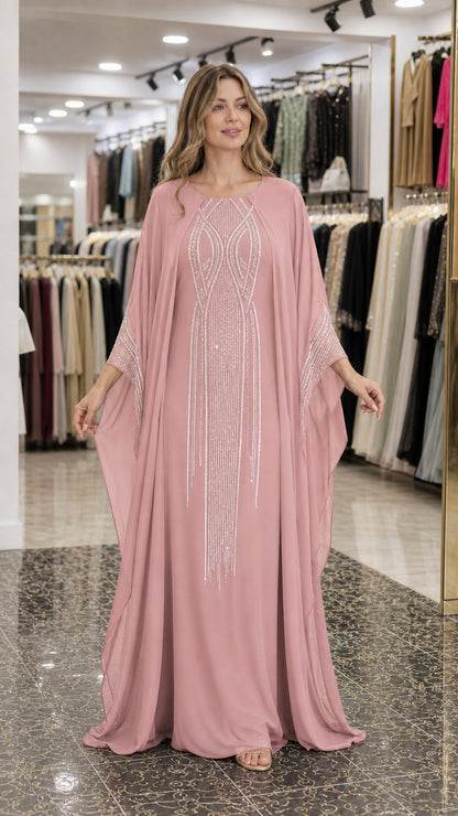 Dusty pink modest cape kaftan evening gown with rhinestone detailing