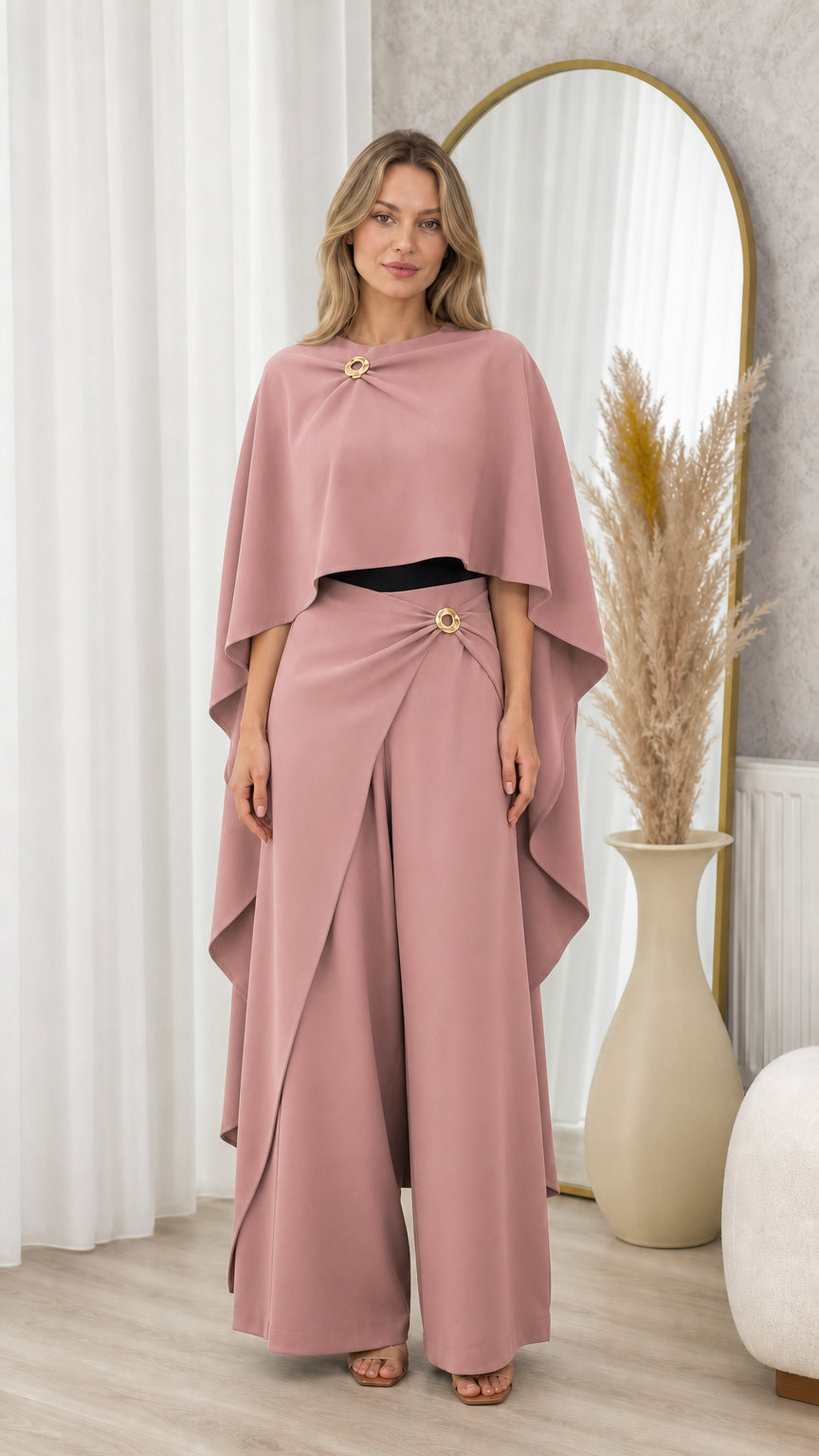 Full front view of dusty rose draped capelet and wide-leg pant two-piece set
