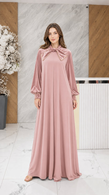 Dusty pink velvet long sleeve modest evening gown