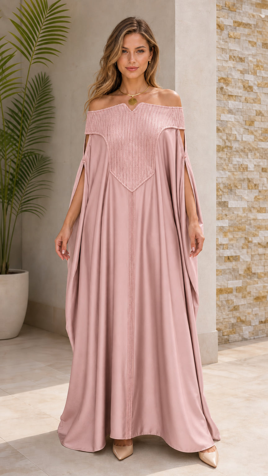 Dusty pink off-the-shoulder flowing kaftan maxi dress
