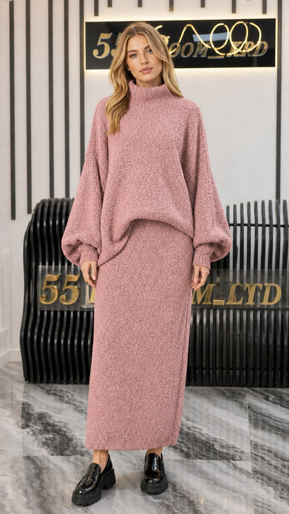 Model wearing Dusty Pink two-piece knit sweater and column skirt set
