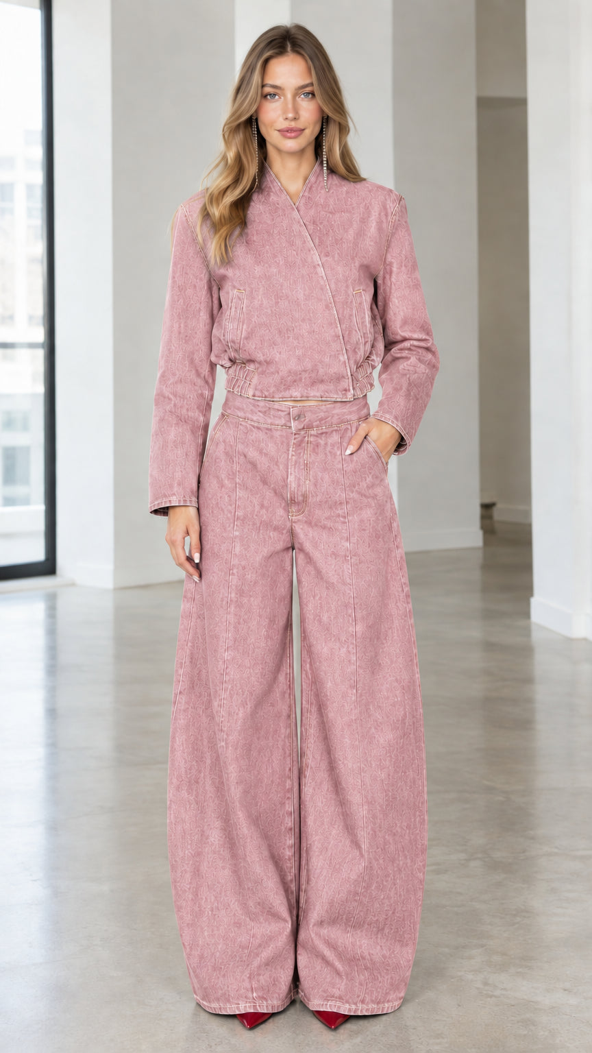 Full front view of dusty pink denim jacket and wide leg pants matching set