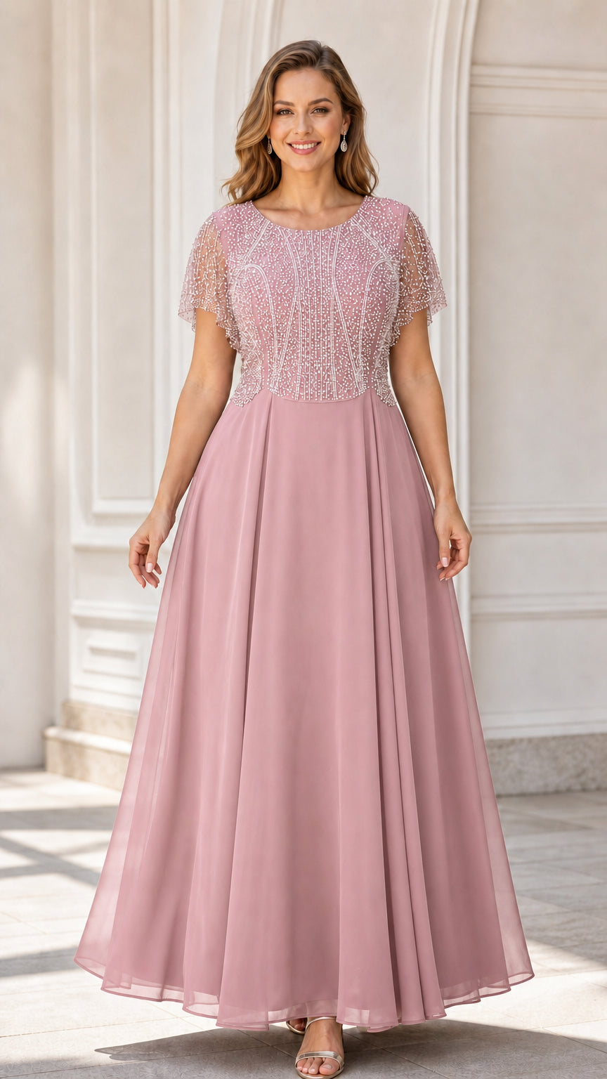 Front view of model wearing dusty rose pink beaded chiffon formal gown