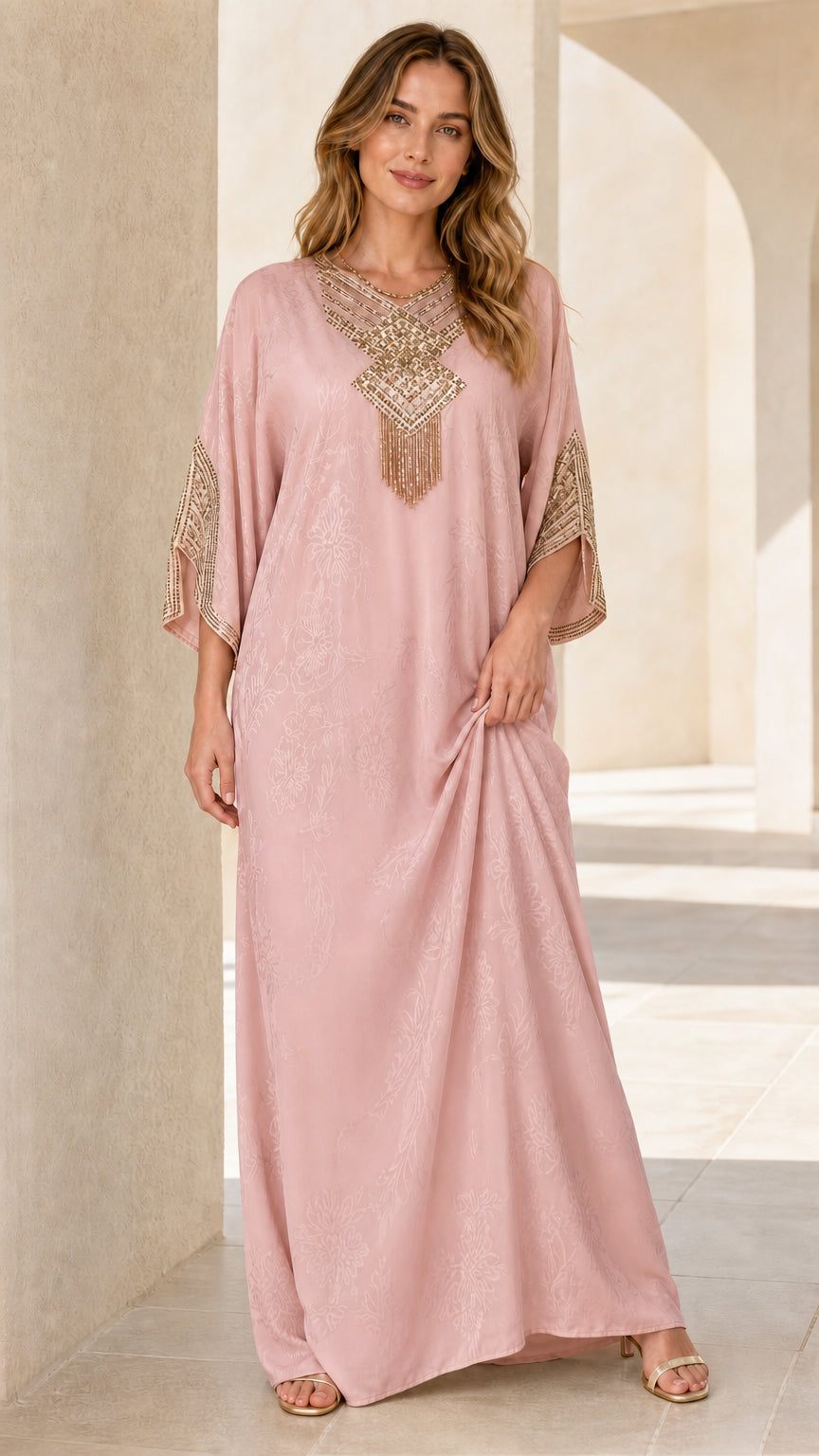 Model wearing Dusty Pink embellished kaftan maxi dress