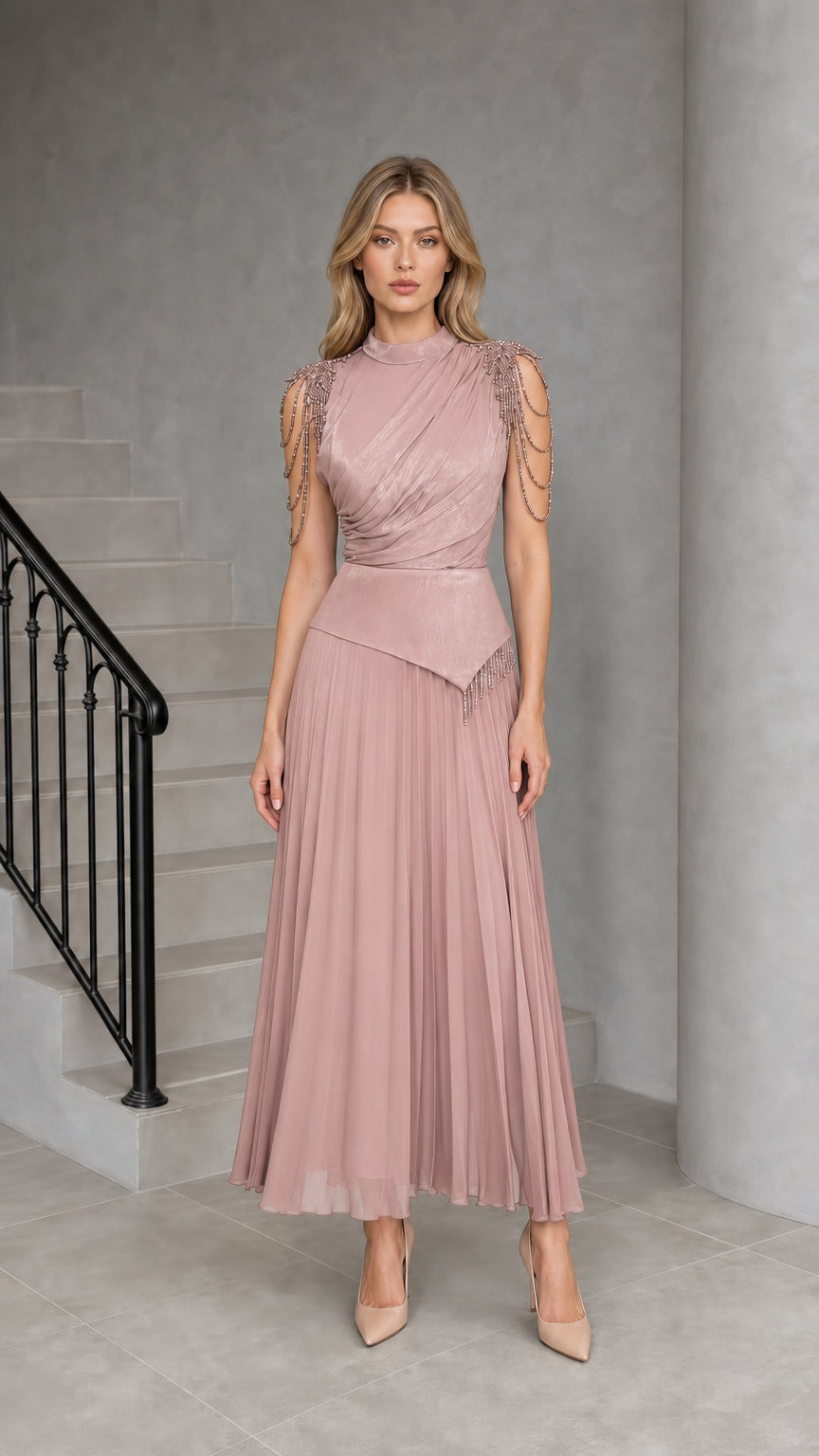 Dusty Rose Mock Neck Beaded Fringe Pleated Maxi Dress