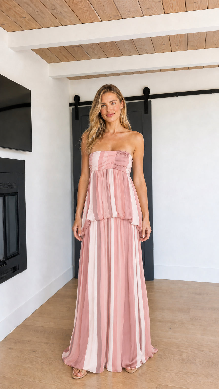 Front view of model wearing Dusty Pink Multi striped strapless maxi dress